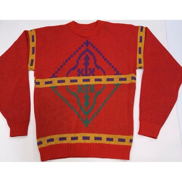 Le Tigre Coogi Style Vintage Knit Cosby Aztec Printed Sweater Red Medium - Picture 12 of 12